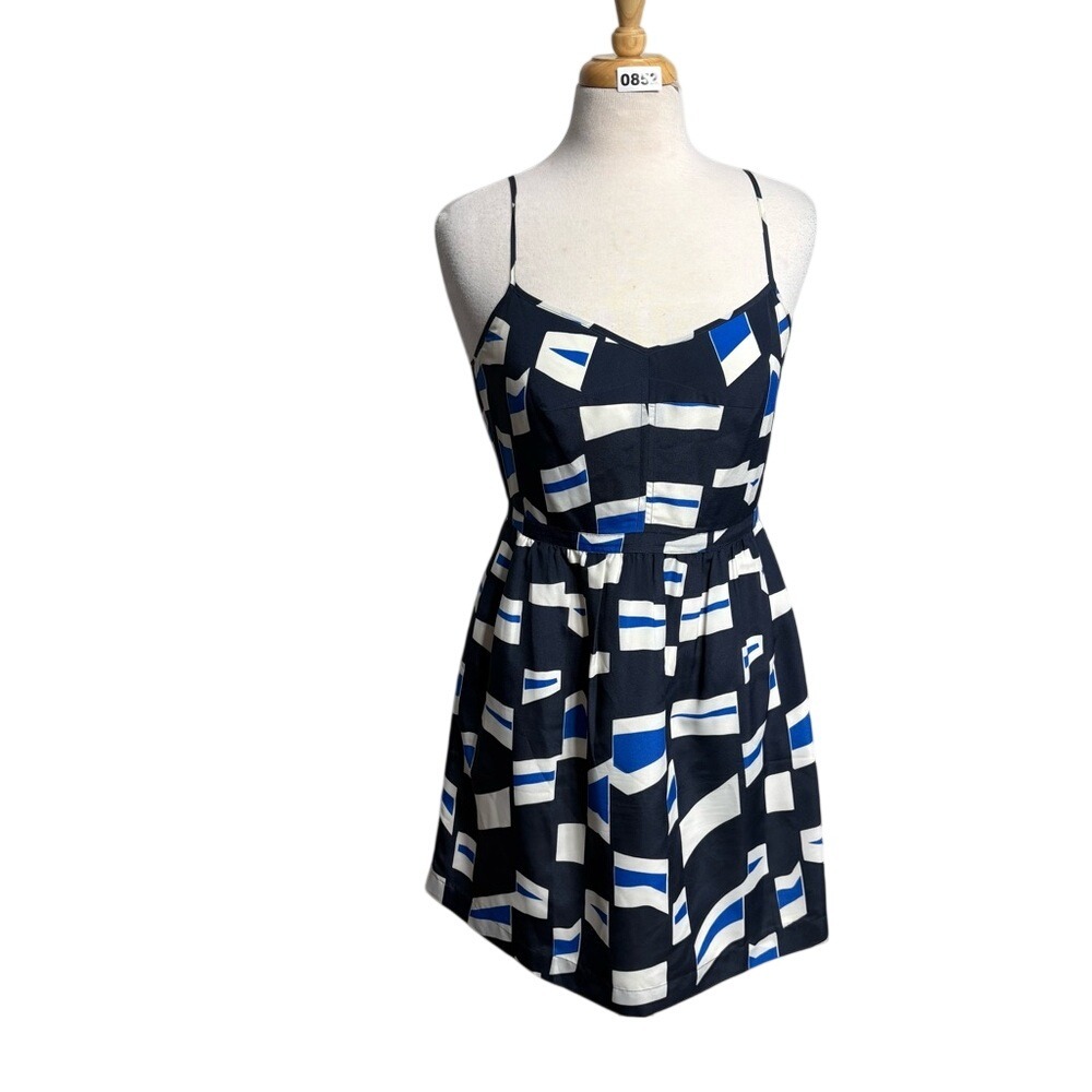 J.Crew Navy Geometric Mini Dress‎ Boho Chic Casual Summer Size 8 Wedding Guest